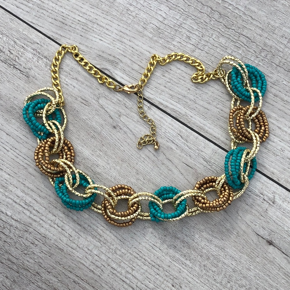 Beaded, Chain & Link Necklace in Gold & Turquoise